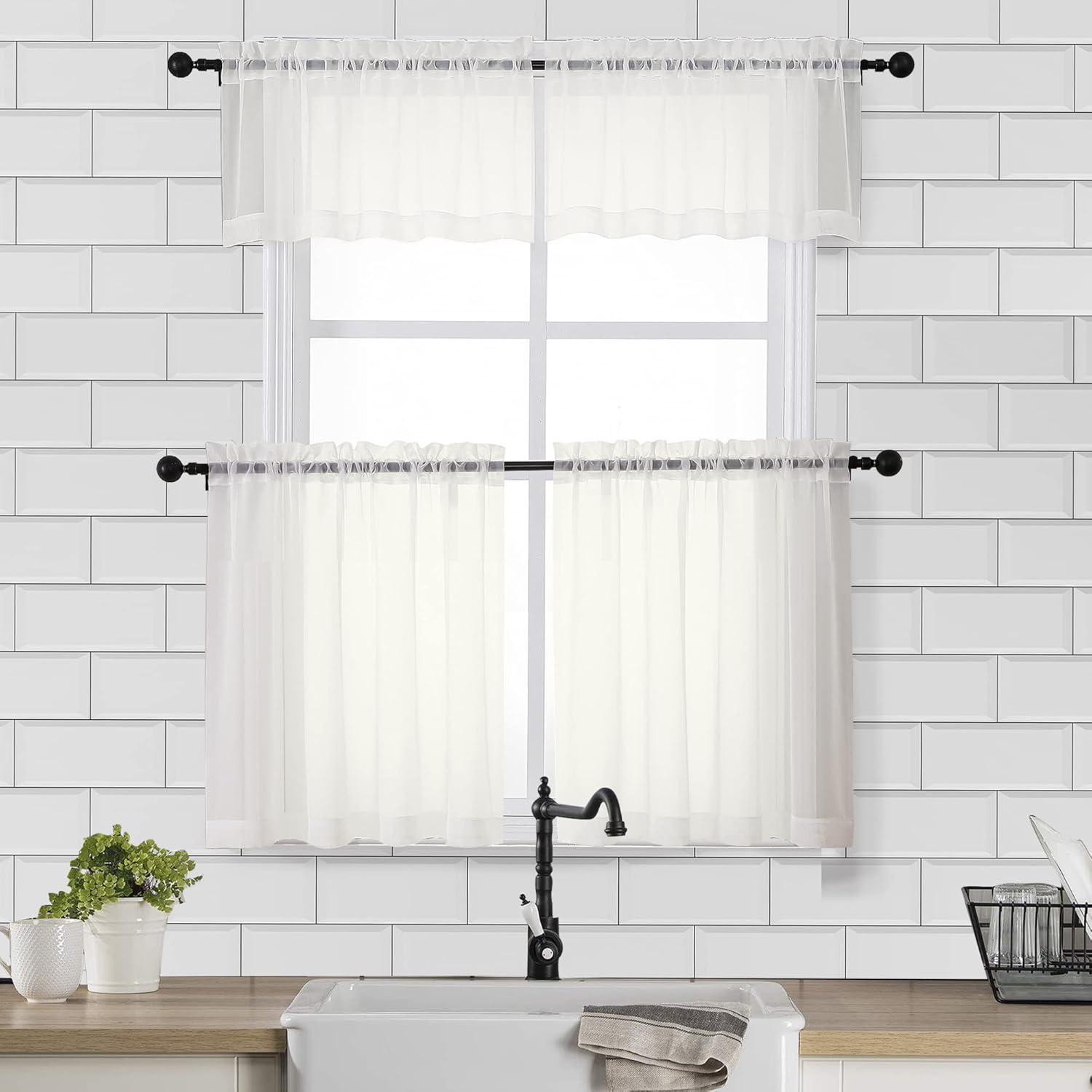 Chyhomenyc Sheer Curtains Tiers 2 Pieces Set, Light Filtering Small Curtains 24 in Length, Short Bathroom Living Room Cafe Basement Voile Window Curtains, Rod Pocket, 42W x 24L Inches, Ivory