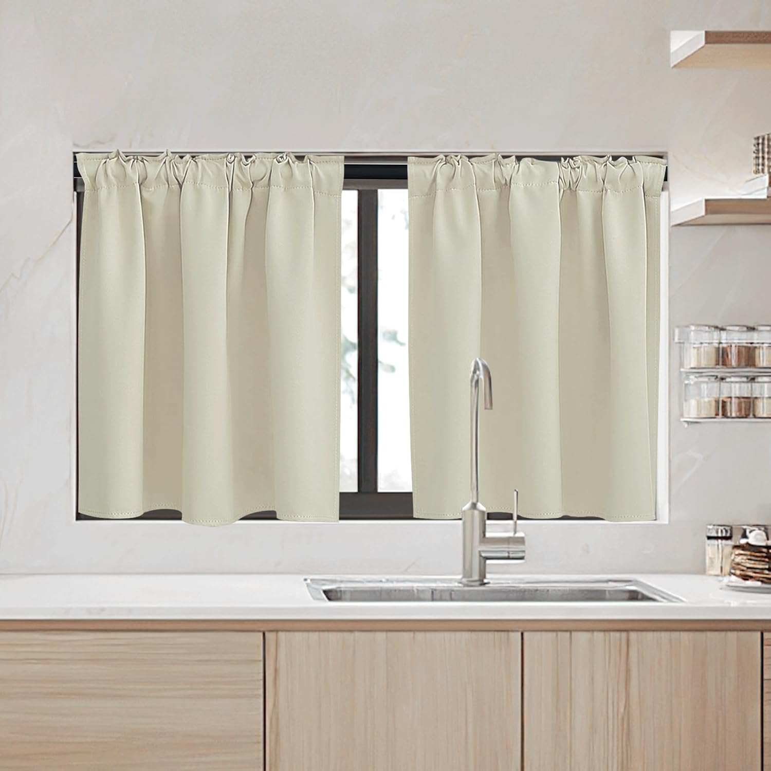 RYB HOME Kitchen Window Curtains - Blackout Privacy Half Window Curtains for Bedroom Bathroom Dining Living Room Cafe Office Short Tiers Drapes, W 34 x L 36 inches, 2 Panels, Beige