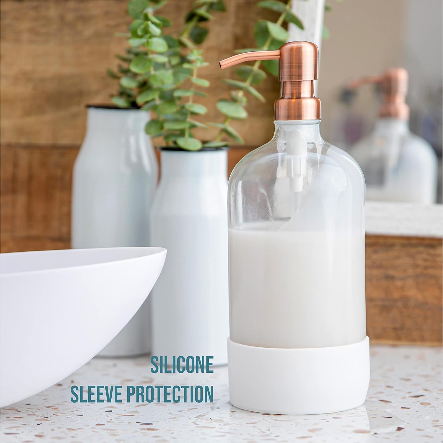 32 oz Glass Pump Bottle Rustproof Stainless Steel Pump, Funnel, and Lids. Modern Farmhouse Vintage Jar, Large Glass Shampoo Bottles with Pump and Laundry Soap Dispenser - Rose Gold