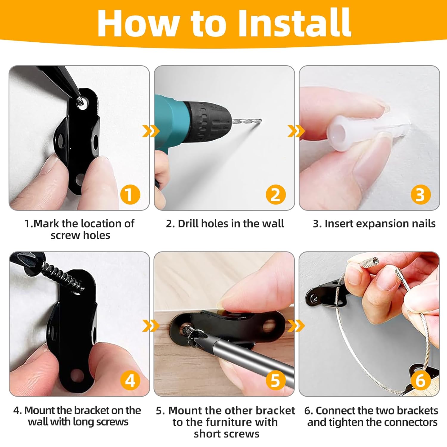 10-Pack Baby Proof Heavy Duty Furniture Anchors for Dressers, Bookcases and TV Cabinets 400LB Anti Tip Kit with Stainless Steel Hardware Shock Straps (Black)