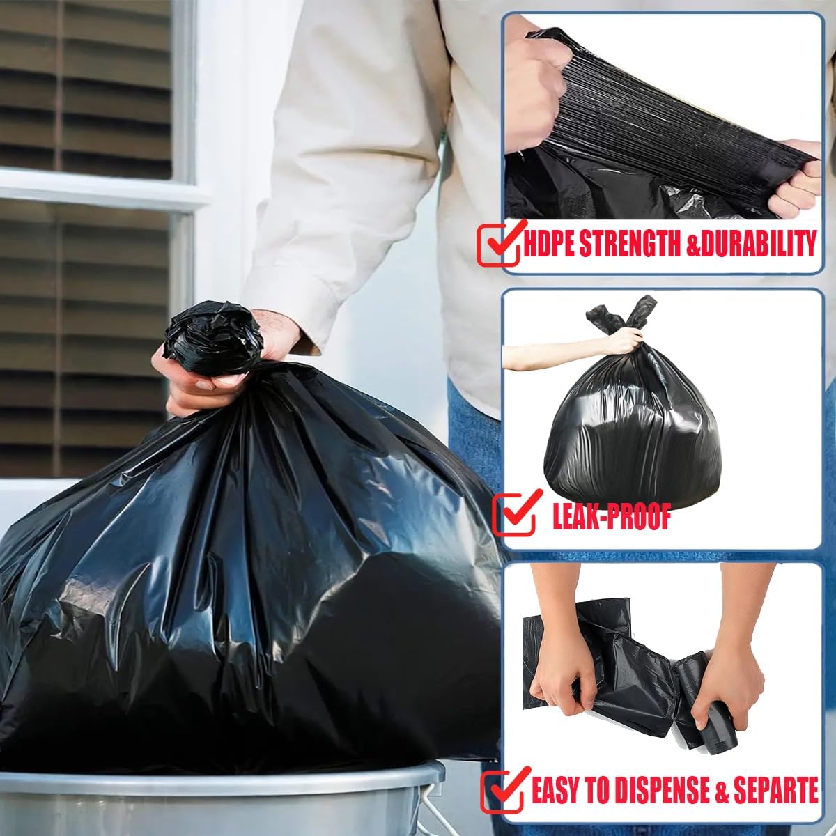 4-6 Gallon Trash Bags, 300 Count Black Garbage bags, Multi-purpose Trash Can Bin Liners for Bathroom, Office, Industrial, Commercial, Janitorial, Municipal, Recycling