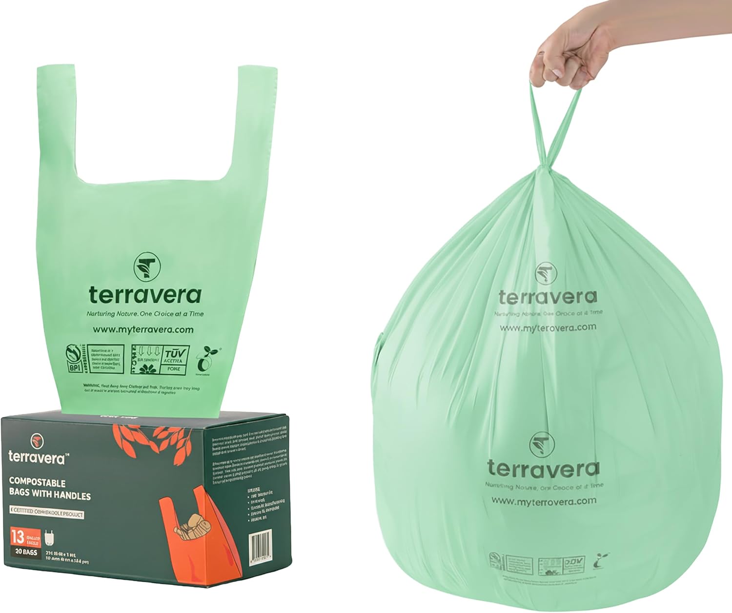 13 Gallon Compostable Trash Bags - Handle Tie | Extra Thick 1 mil|BPI & OK Home Certified ASTM D6400 Standards | Food Scraps, Kitchen Trash, Home & Yard Waste Bags | 30 Count compost bags