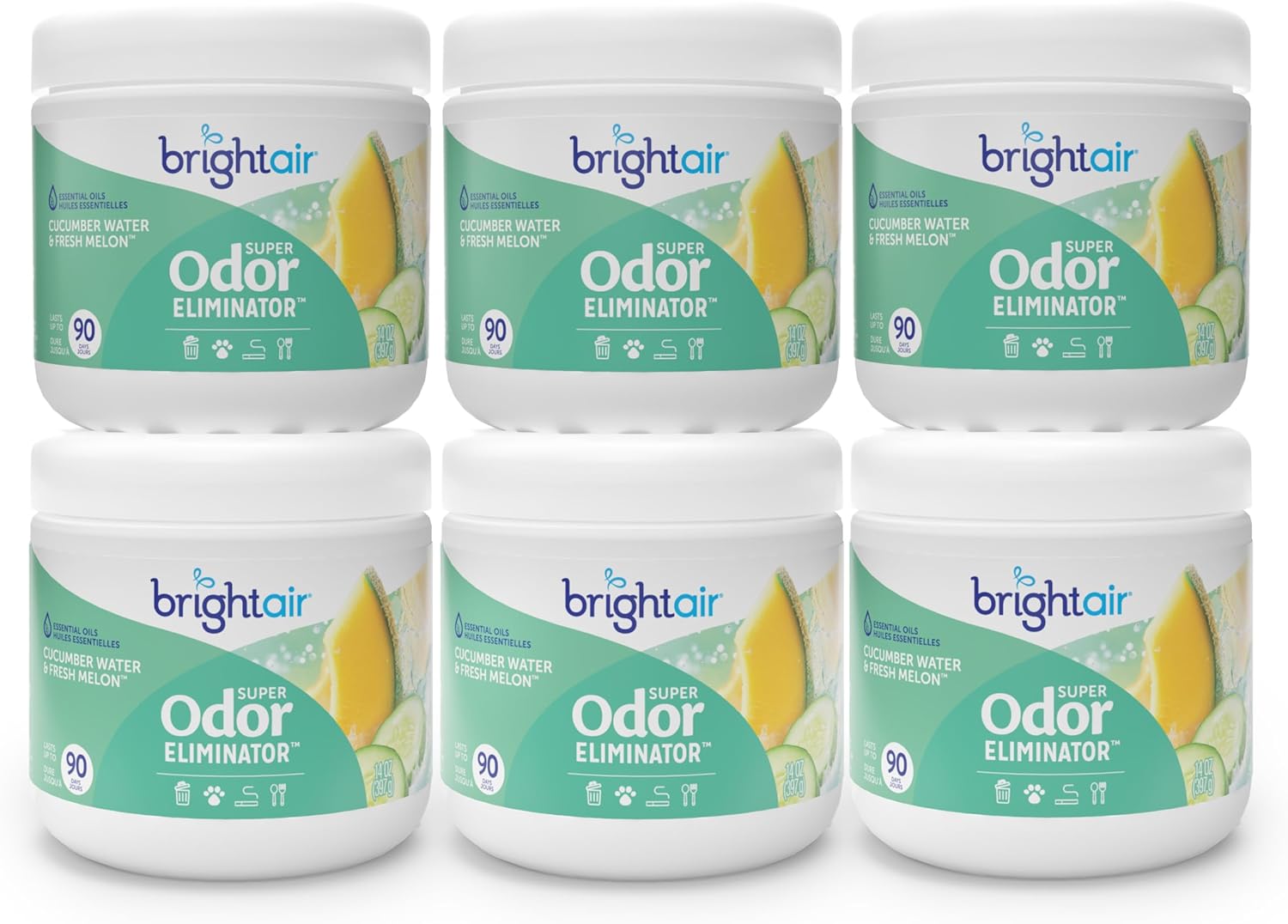 Bright Air 14 oz. Super Odor Eliminator, For Medium-Size Spaces, Cucumber Water & Fresh Melon Scent, Case of 6, Odor Eliminator & Air Freshener, Natural Essential Oils, Lasts Up to 90 Days Each