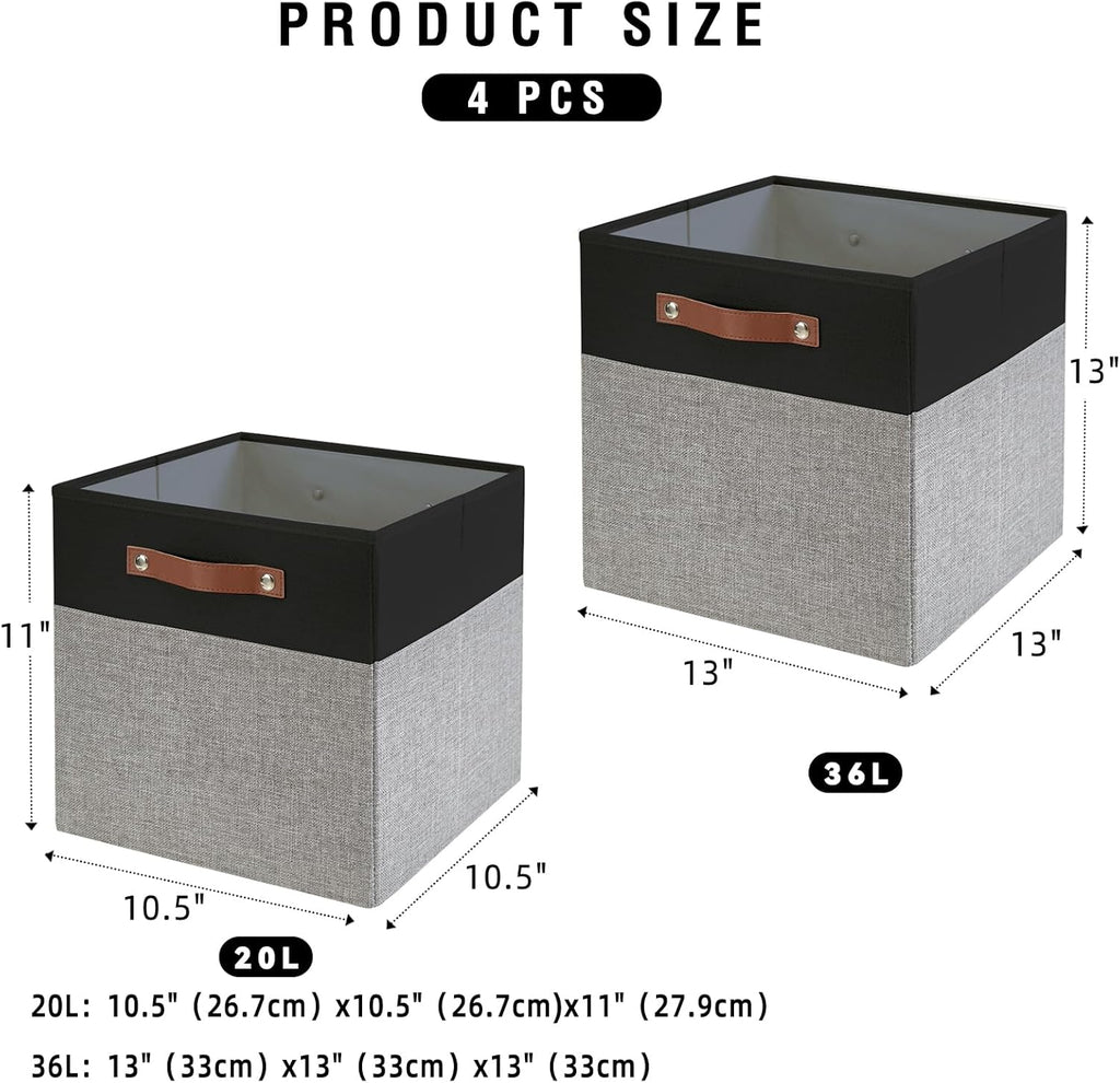 Collapsible Fabric Storage Cube Bins with 2 Reinforced PU Handles, Foldable Storage Organizer Baskets for Closet, Shelves, Living Room | 11"x11"x11", 4 Pack, Black & Gray