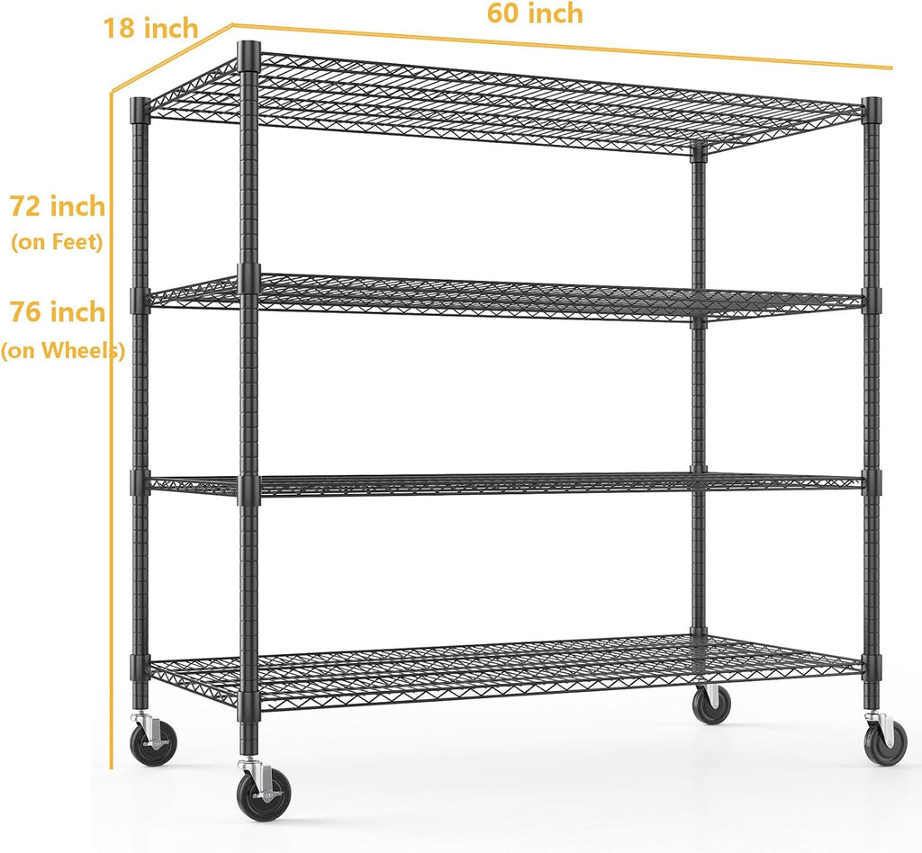 Himimi Storage Shelves with Wheels, 4-Tier Heavy Duty Steel Wire Rack Storage Shelving, Adjustable Metal Storage Shelves for Garage Kitchen Pantry Bathroom Laundry 18" D*60" W*72" H, Black