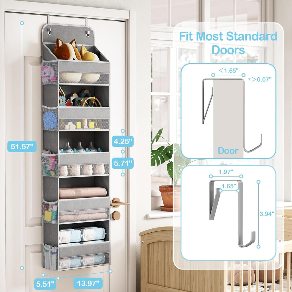 LAMU 5 Tier Over the Door Organizer Hanging, 5 Large Pockets and 10 Side Pockets Behind Door Storage for Baby Toys, 44lbs Back of Door Organizers Shelf for Closet, Nursery and Bathroom, 2 Pack (Grey)