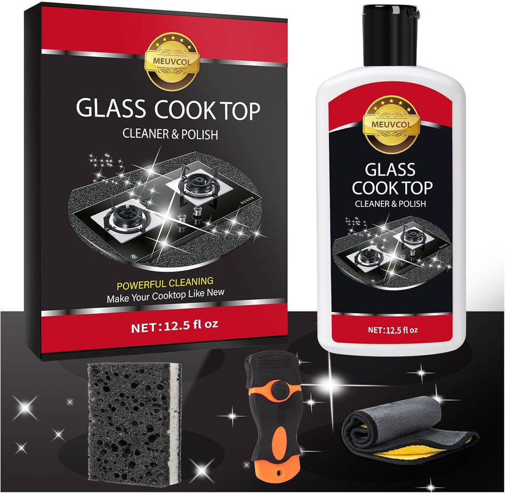 Glass Stove Top Cleaner Kit, 12 Oz Glass Cooktop Cleaner Non-Abrasive, Stove Oven Cleaner & Polish For Ceramic, Electric, Induction, Flat Top Stovetop, Gas - With Scrubbing Pad, Scraper, Cloth