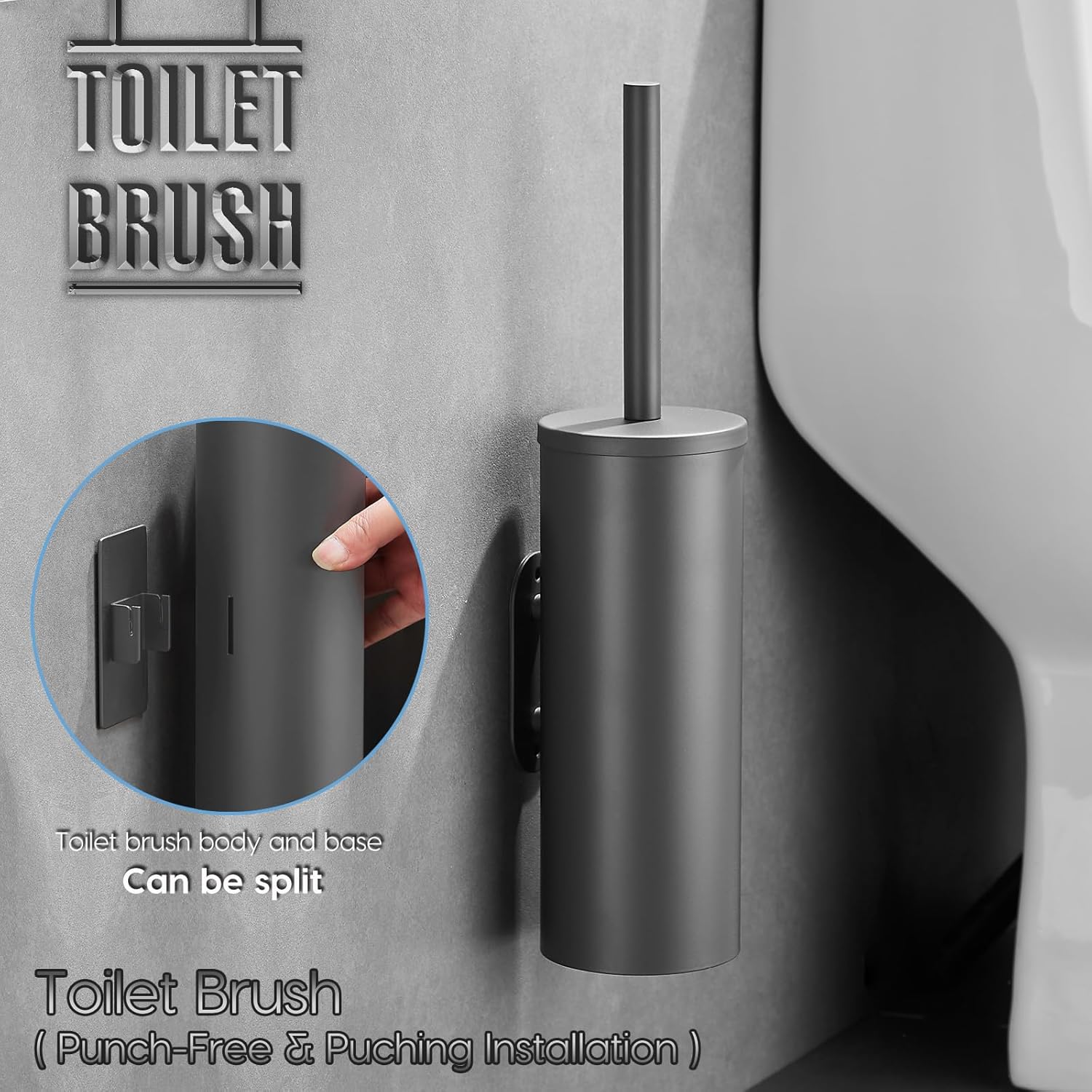 Stainless Steel Toilet Brush and Holder Set, No-Punch Hook Base Dual Purpose Toilet Brush Holder with Removable Inner Bucket and Splash Cover - Soft Bristles (Gray)