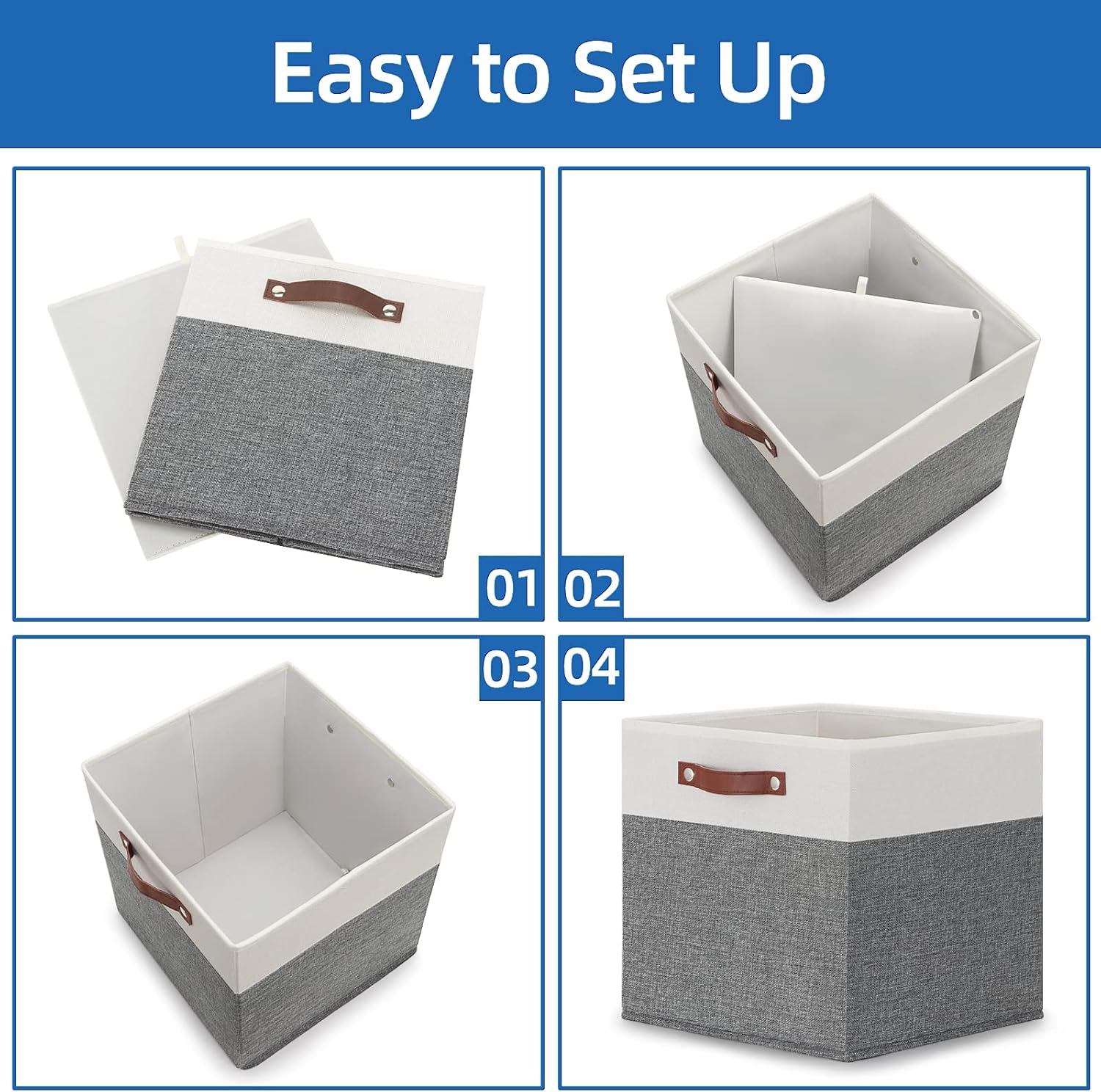 Temary 13x13 Storage Cubes 4 Pack Fabric Cube Storage Bins Large Storage Baskets with Leather Handles, Decorative Storage Boxes for Organizing Closet, Clothes, Foldable Cloth Baskets for Shelves