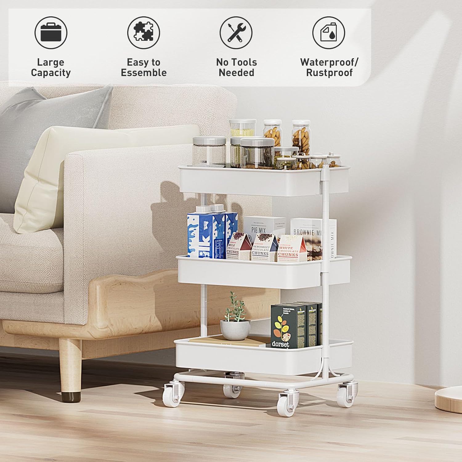 3-Tier Modern Metal Rolling Utility Cart with Silent Casters, 15.35x11.81x23.74 inch Heavy Duty Organizing Cart Trolley Organizer for Office, Living Room, Kitchen，(White)