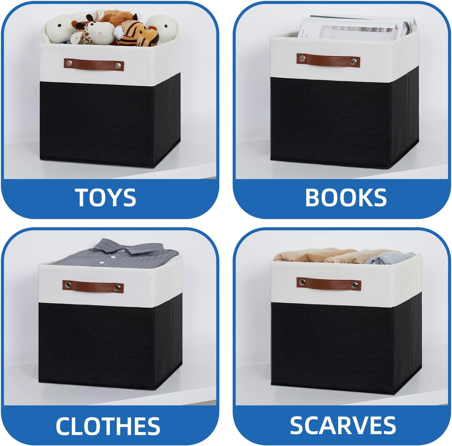 Temary Foldable Storage Cubes Set of 4 - Organizers with Handles, Decorative Storage Boxes for Home, Office (White&Black)