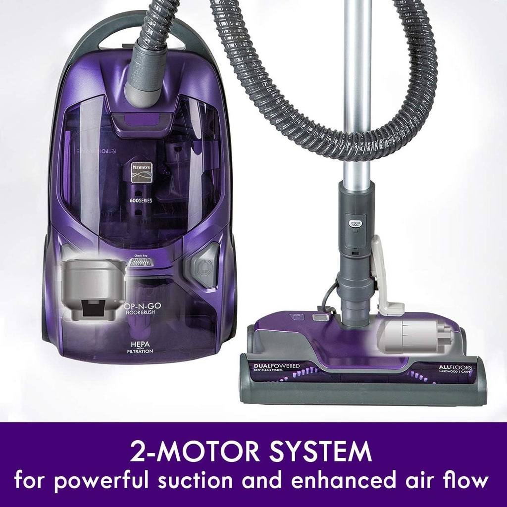 Kenmore 600 Series Pet Friendly Lightweight Bagged Canister Vacuum with Pet PowerMate, Pop-N-Go Brush, 2 Motors, HEPA Filter, Aluminum Telescoping Wand, Retractable Cord and 4 Cleaning Tools, Purple