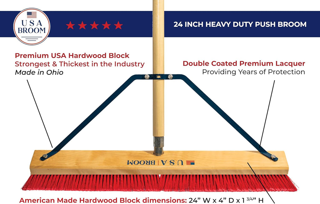 24" Everyday Sweep Indoor/Outdoor Push Broom with 60" Handle. Ideal for Garages & Shops. Durable American Made Steel Brackets-All Stainless Steel Hardware. No Plastic. 100% Made in The USA.