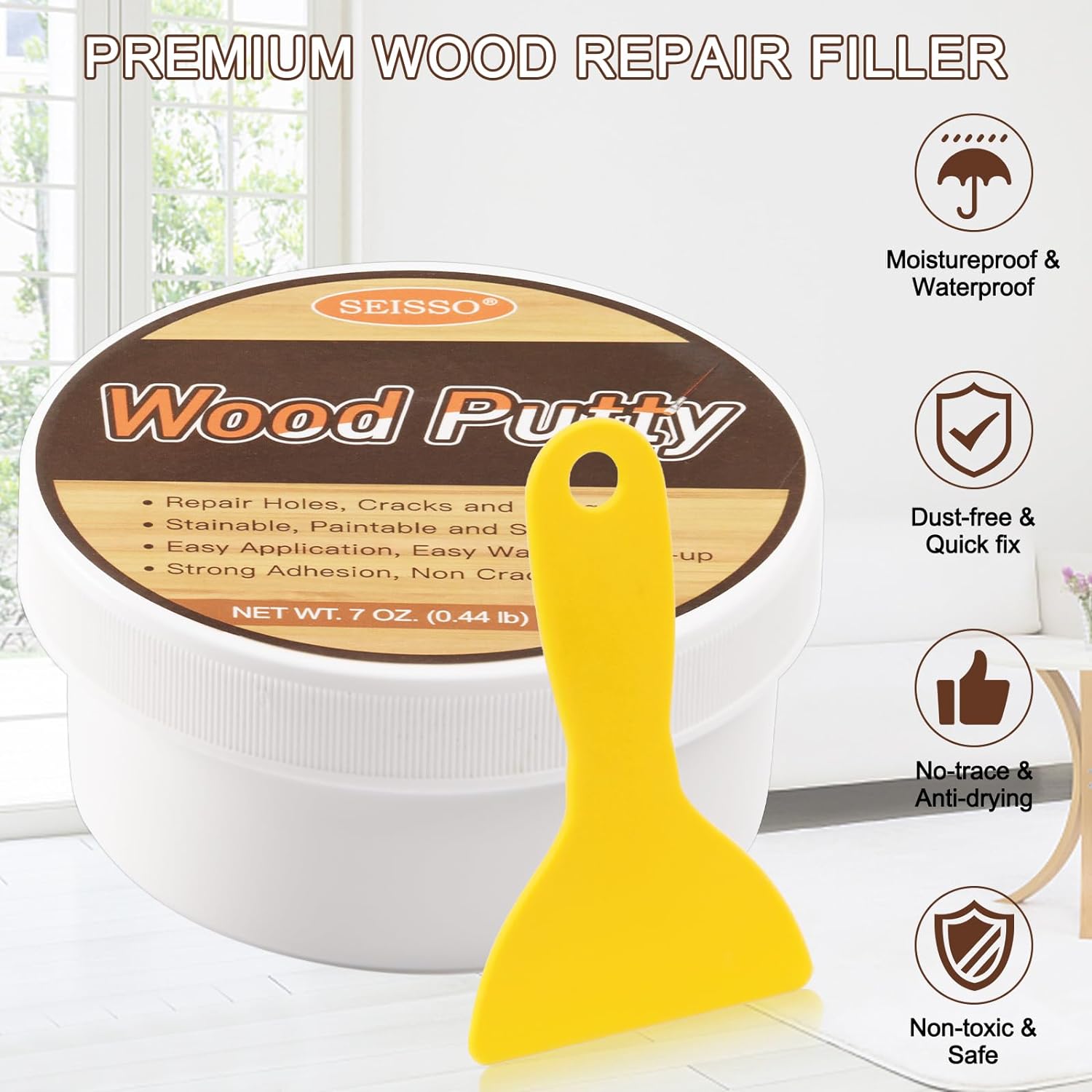 SEISSO Wood Putty, Water-Based Woods Filler, White Wooden Putty for Trim, Woods Filler Paintable, Stainable, Wooden Furniture Repair kit - Restore Wooden Table, Cabinet, Floors, Door