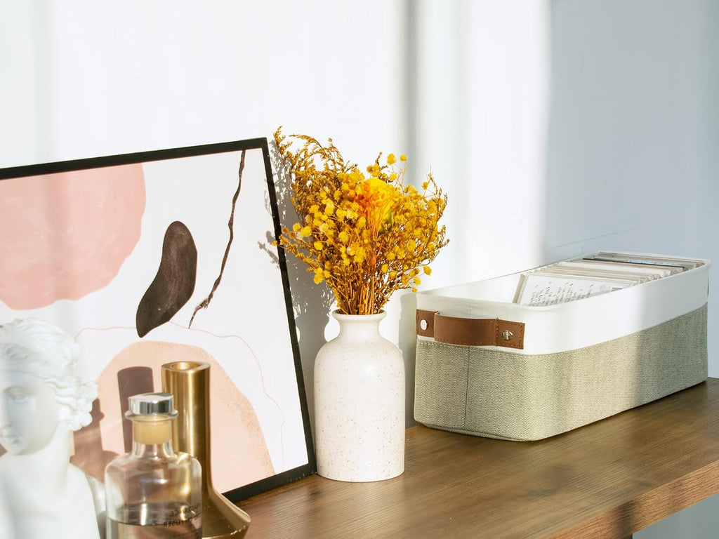 StorageWorks Narrow Storage Bins, Small Basket for Closet and Shelves, Fabric Organizer with Handles, Toilet Paper Storage, Green and White, 2-Pack