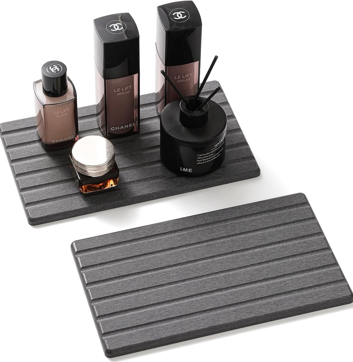 2PCS Water Absorbing Stone Drying Tray Mat for Bathroom Sink & Kitchen Counter Organizer, Quick Dry Dish Soap Dispenser Sponge Holder, Vanity Sink Caddy, Coaster, Dark Gray - 10" x 6"