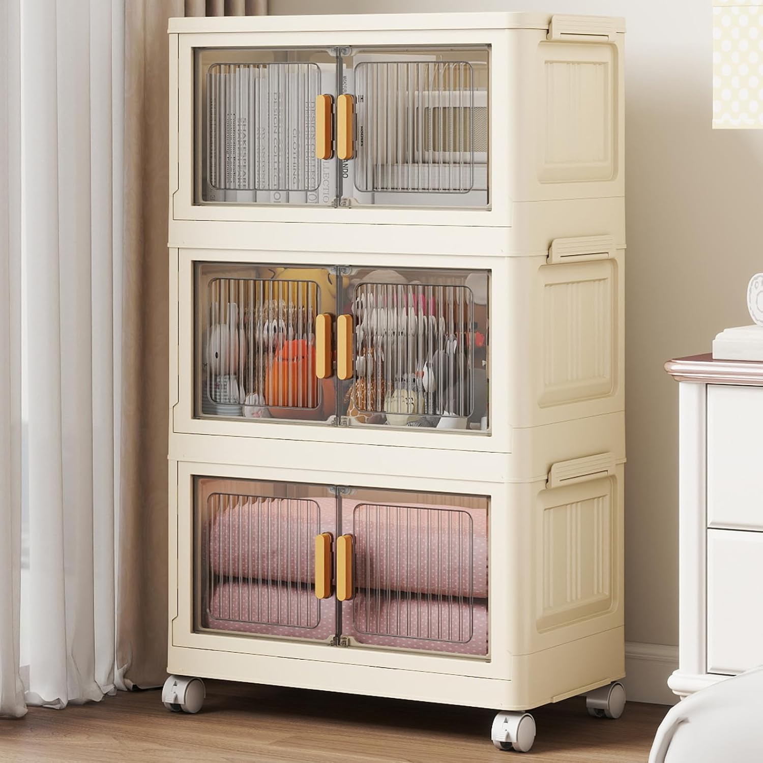 3 Tier Stackable Plastic Storage Bins with Lids 58QT, Collapsible Closet Organizers and Storage with Wheels for Living Room,Office,Dorm