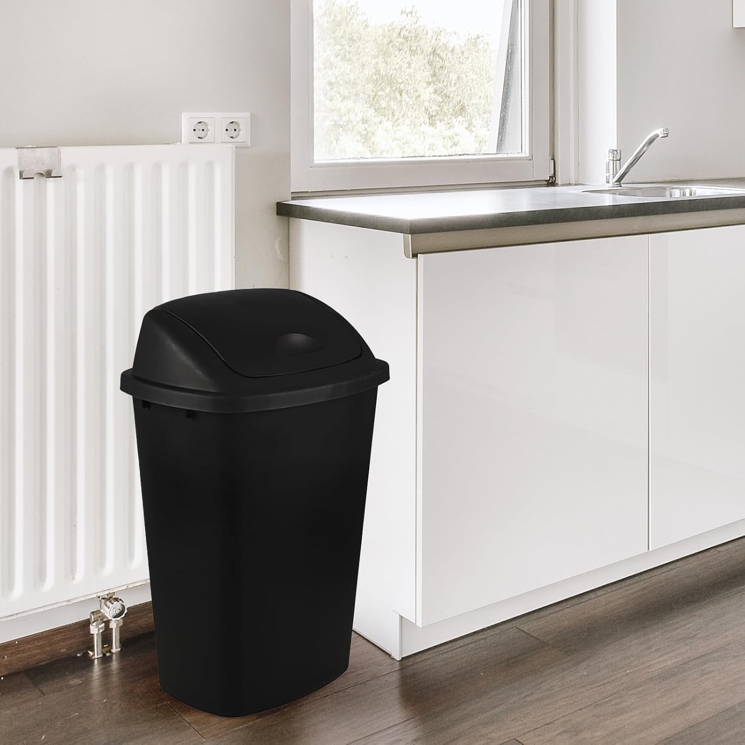 13 Gallon Swing Top Lid Garbage Cans, Large Plastic Kitchen Trash Can Set of 4, Black