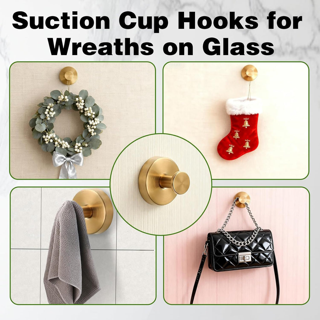 Suction Cup Hooks for Wreaths on Glass, 2025 New No Drill Suction Cup Hooks (2PCS-Gold)