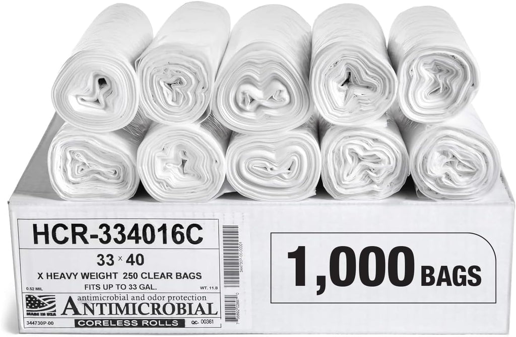 Aluf Plastics High Density Trash Bags, 33 Gallon, 1000 Count, 16 Micron (eq), 33" x 40", Clear, for Bathroom, Office, Industrial, Commercial, Janitorial, Municipal, Recycling