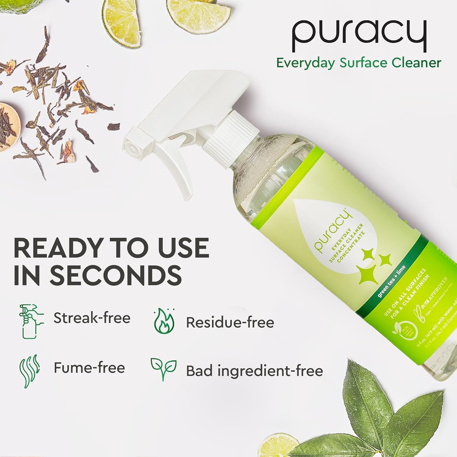 Puracy Multi-Surface Cleaner Spray - Plant-Powered Everyday Surface Cleaner - Natural All Purpose Cleaning Solution As Seen on TikTok (Green Tea and Lime Spray Bottle, 16 fl oz)