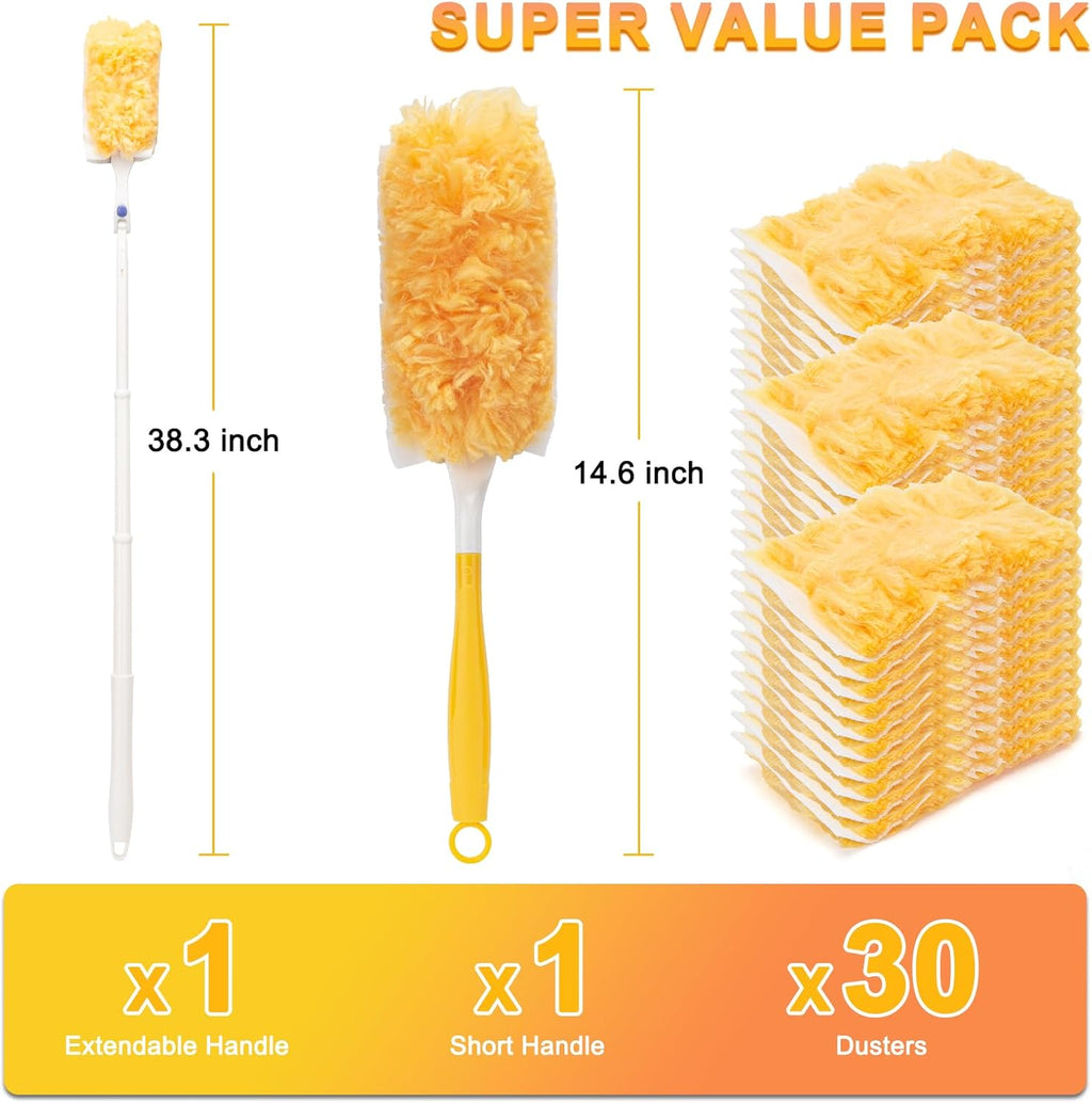 KeFanta 360° Heavy Duty Duster Refills Compatible with Swiffer Duster, Disposable Dusting Kit for Cleaning, 1 Extended Handle, 1 Short Handle, 30 Refills