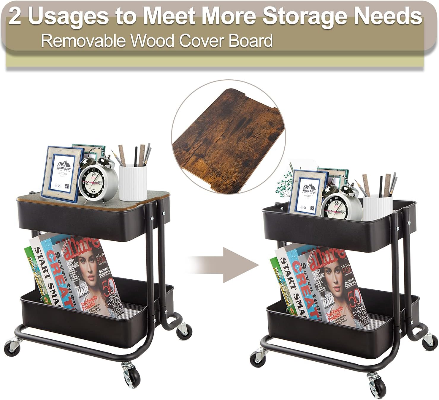 Melody House 2-Tier Metal Utility Rolling Cart Storage Organizer with Cover Board Mobile Trolley Sofa Side Table with Wheels for Office Home Kitchen Organization Black