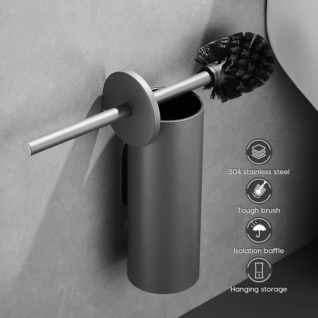 Stainless Steel Toilet Brush and Holder Set, No-Punch Hook Base Dual Purpose Toilet Brush Holder with Removable Inner Bucket and Splash Cover - Soft Bristles (Gray)