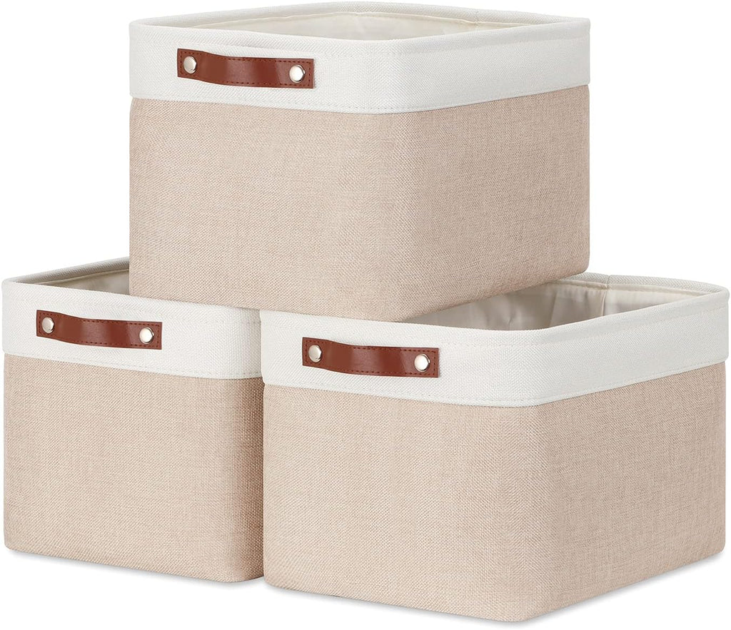 DULLEMELO Fabric Storage Bins, Storage Baskets for Organizing, Collapsible Rectangular Fabric Baskets for Shelves, Empty Gift Baskets (3-Pack Medium-15 inch X 11 inch X 9.5 inch , White&Khaki)