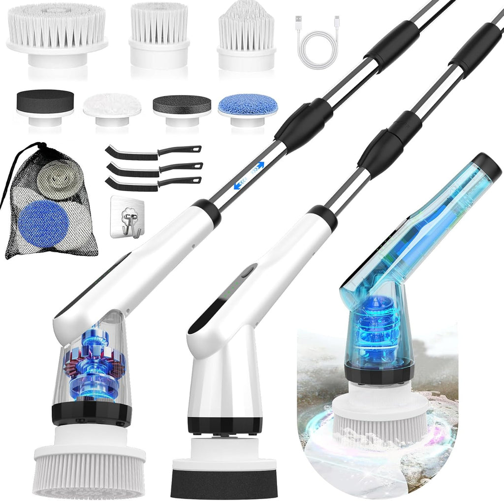 WKY-Electric Spin Scrubber - Upgraded 12-in-1 IPX7 Waterproof Shower Cleaner Brush, Retractable Handle & 2-Speed for Bathroom, Bathtub, Kitchen, Tile Floors