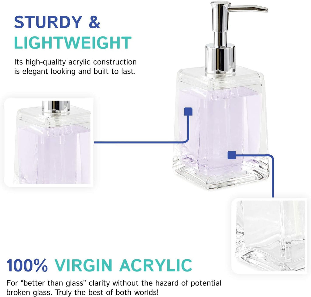 Huang Acrylic Clear Square Tapered Soap Dispenser Crystal Clear Acrylic | Sturdy and Elegant Construction Makes it Perfect for Kitchen or Bathroom | Shatter-Proof, Durable and Compact Design