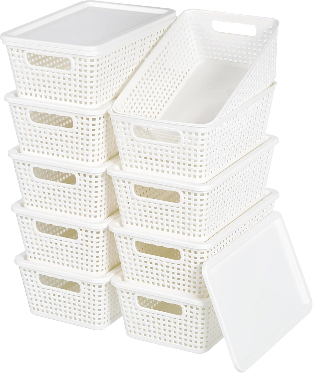Plastic Storage Baskets With Lid, Storage Bins for Organizing, Stackable Decorative Containers for Shelves Drawers Desktop Closet Playroom Classroom Office, 10 Pack-White
