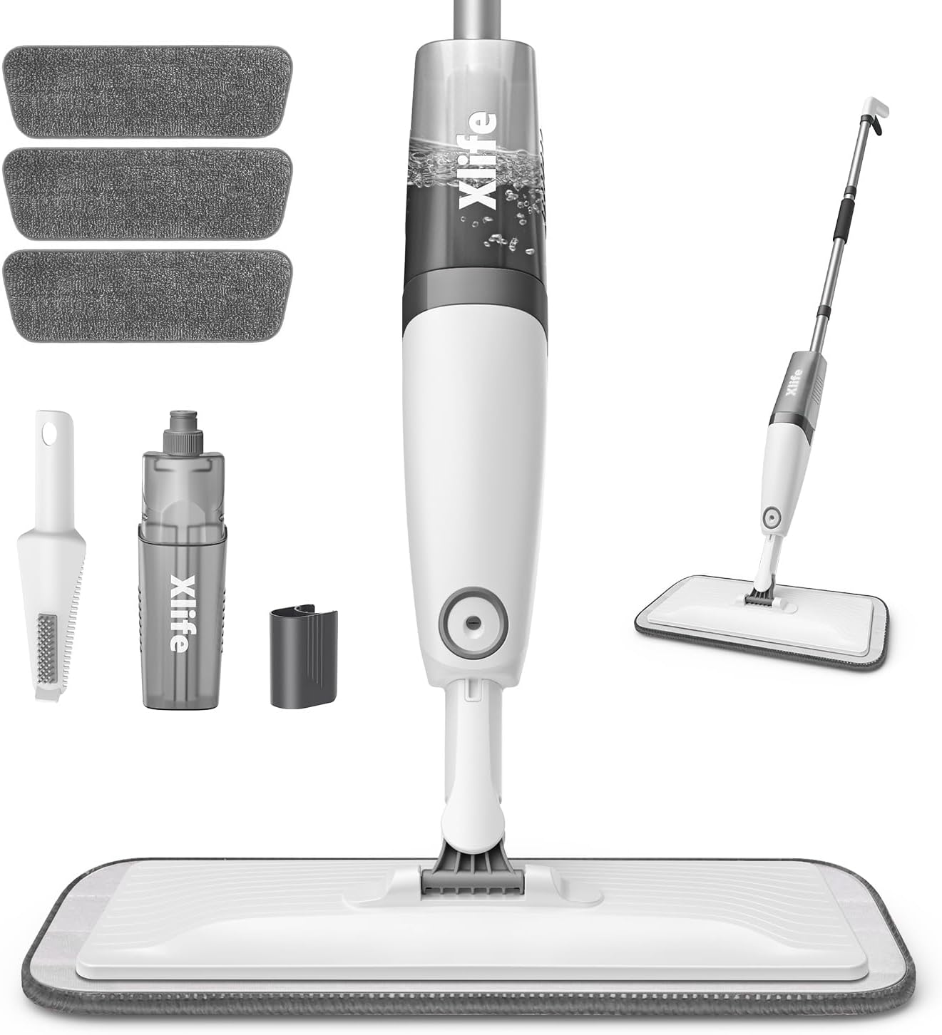 Spray Mops for Floor Cleaning, Xlife Microfiber Dust Mop with 3 Washable Pads Mop with Sprayer Wood Mops Commercial Home Use for Wood Hardwood Laminate Ceramic Tiles Floor-Gray (No Cleaner)