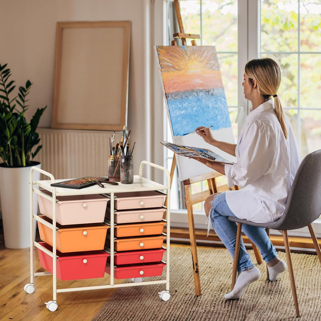GOFLAME 9-Drawer Rolling Storage Cart, Mobile Utility Cart with Removable Drawers & Metal Frame, Art Craft Organizer Cart with Lockable Wheels, Storage Drawer Cart for Home Office, Macaron Color