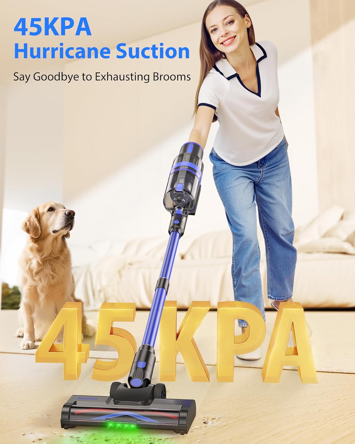 Cordless Vacuum Cleaner, 45KPA Stick Vacuum Cleaners for Home, 6-in-1 Rechargeable Lightweight Vacuum, Up to 35Mins Runtime, with Powerful Suction for Carpets, Pet Hair, Hardwood Floors