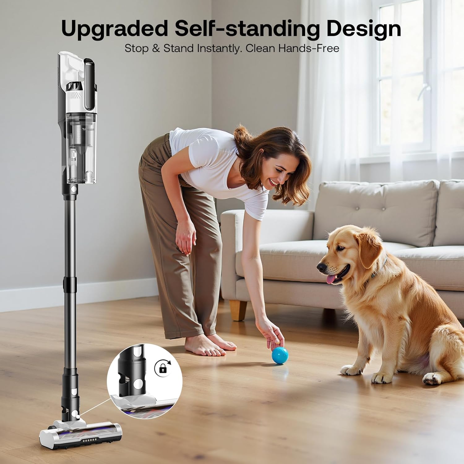 Trucozie Cordless Vacuum Cleaner with Self-Standing, 50 mins Runtime Lightweight Stick Vacuum with Powerful Suction, Anti-Tangle Wireless Vacuum Versatile for Hard Floor/Carpet/Pet Hair, White