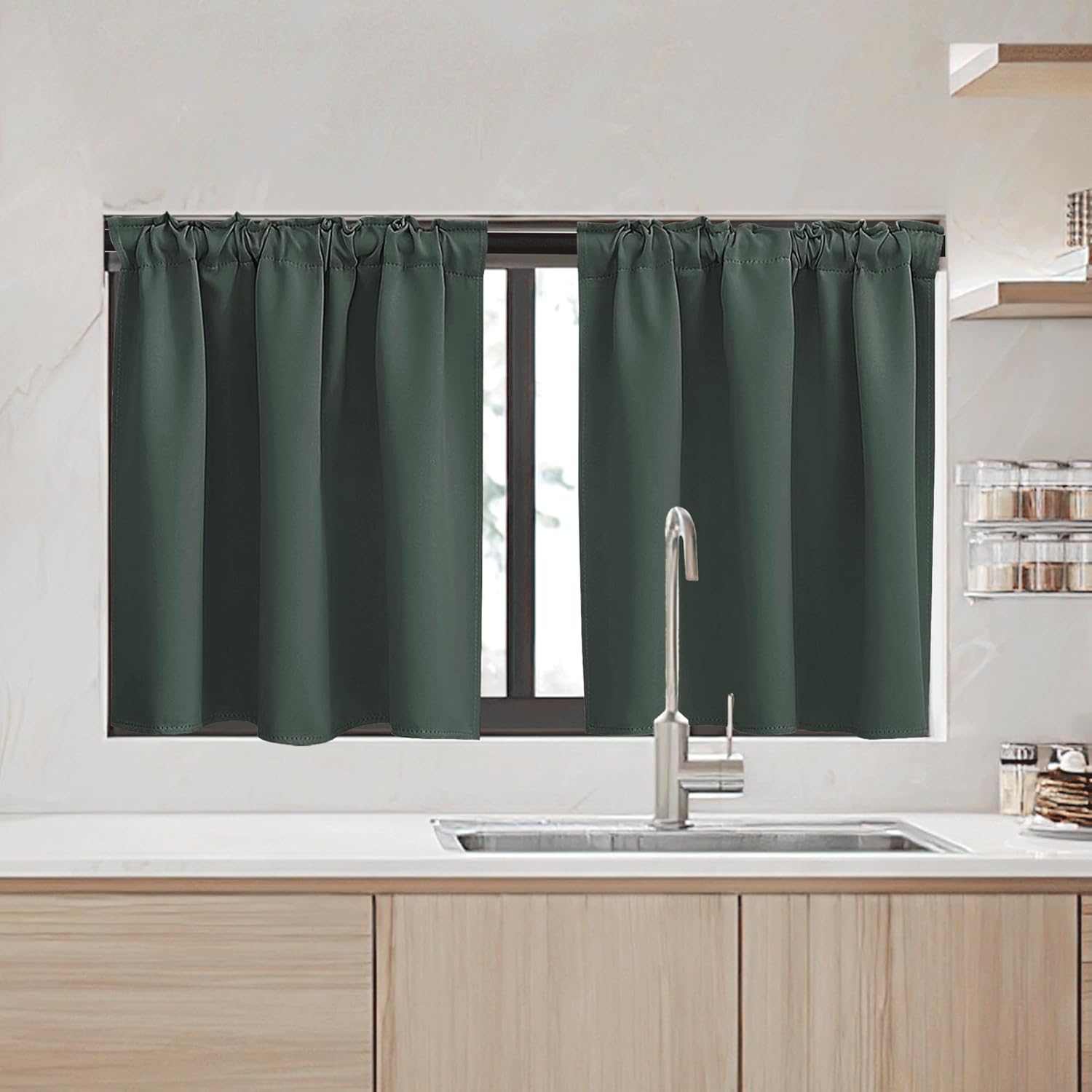 RYB HOME Kitchen Window Curtains Over Sink - Blackout Insualting Privacy Curtains for Kids Bedroom Kitchen Bathroom Basement Cafe Cabinet Tiers Drapes, 34 Width x 30 Length, 2 Panels, Dark Green