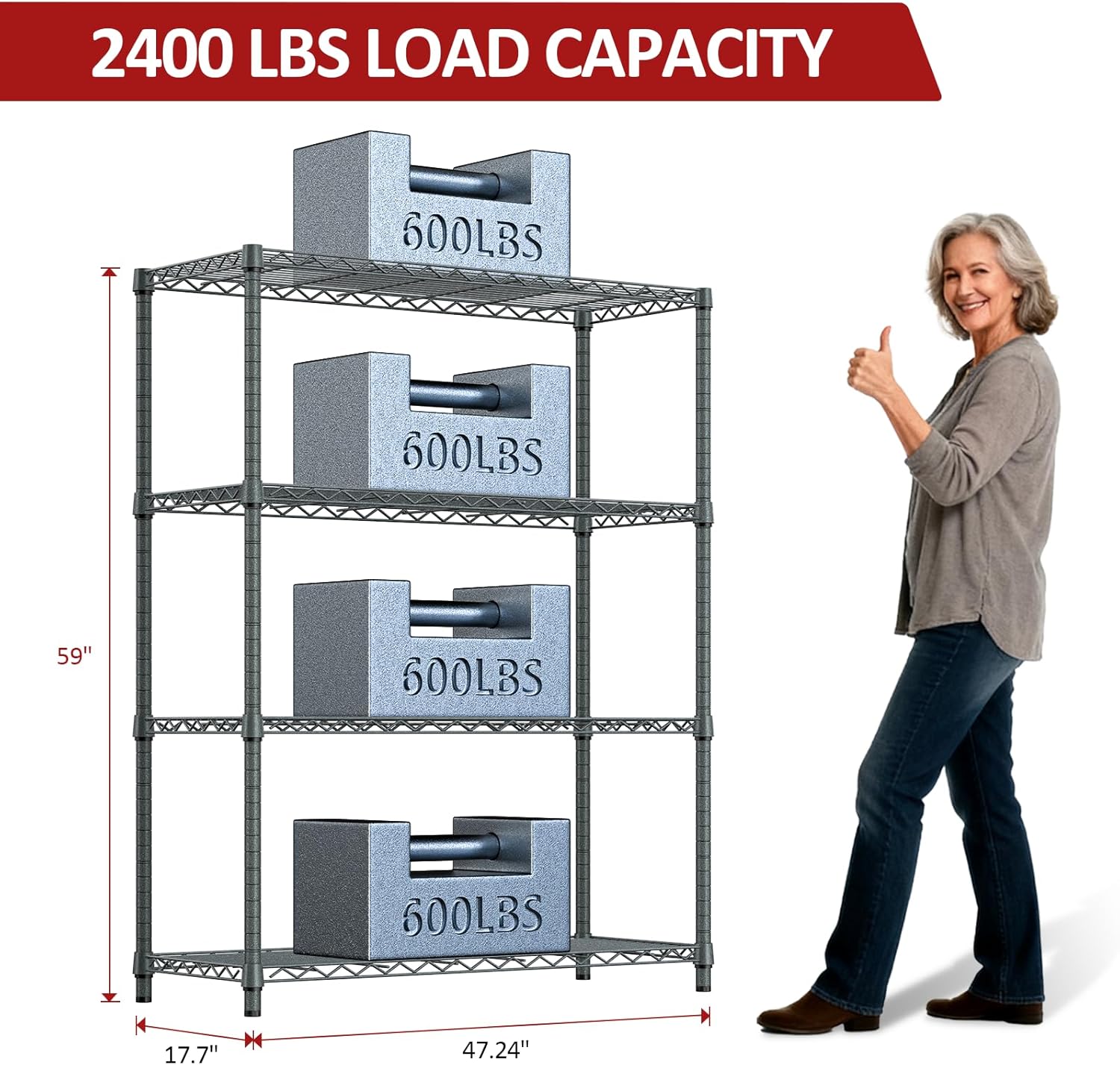 IZEUK Storage Shelves Outdoor Wire Shelving Unit Metal Rack 4 Tier, 17.7" D x 47.24" W x 59" H, Grey