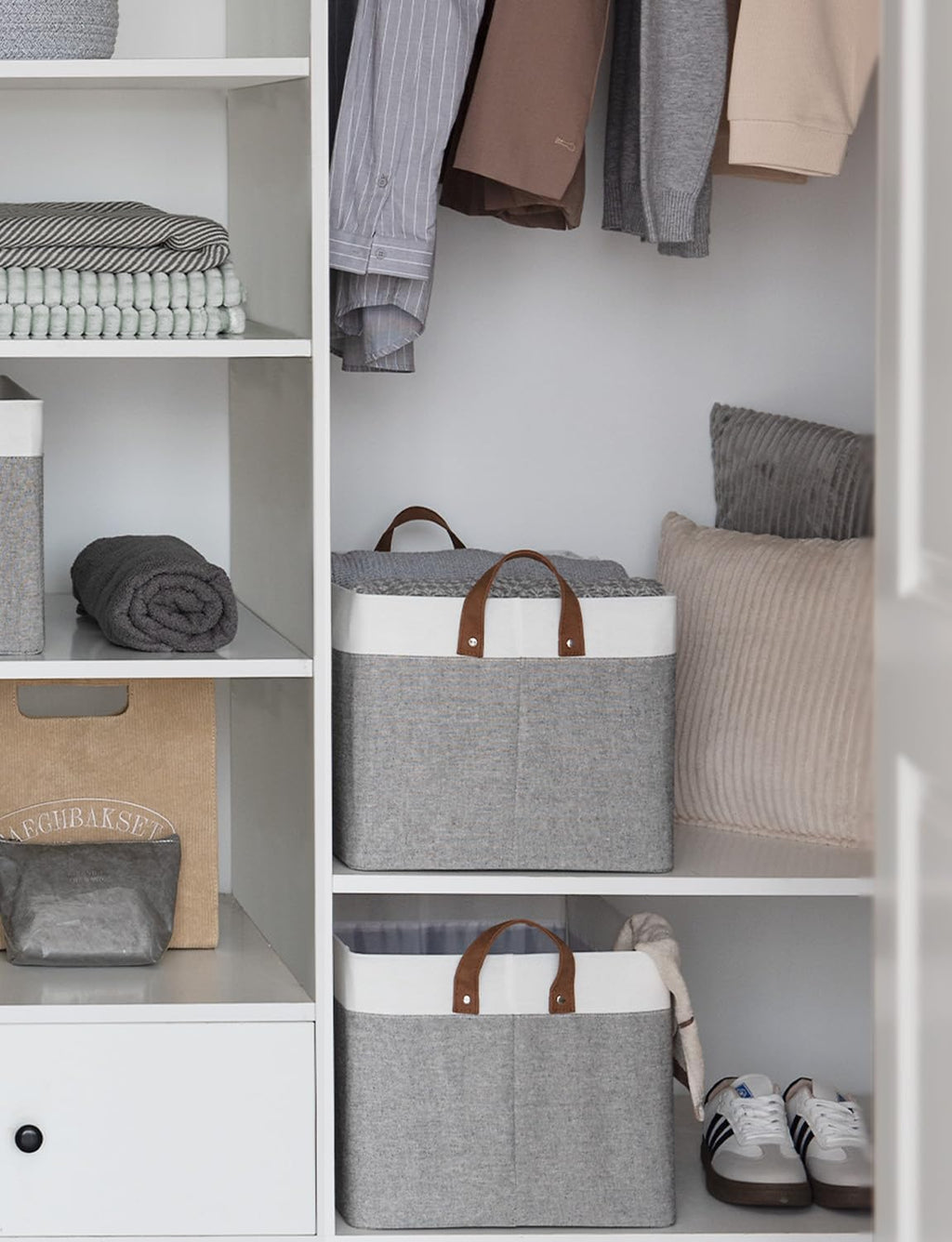 StorageWorks Storage Bins, Fabric Storage Bins for Shelves, Extra Large Storage Baskets with Metal Frame, Closet Baskets and Bins with Handles, Jumbo, Gray and White, 2-Pack