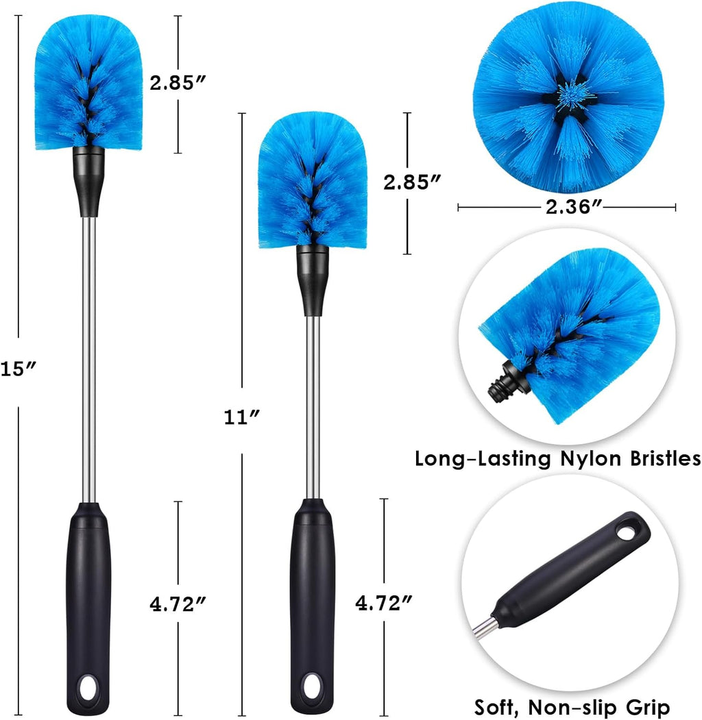 Stainless Steel Bottle Brush with Replaceable Head, Long Handle Scrub Brush for Water Bottles, Glasswares, Mugs, Flasks, Tumblers, Vases, and Kitchen Sink, 2 Pack, 13 in - 15 in