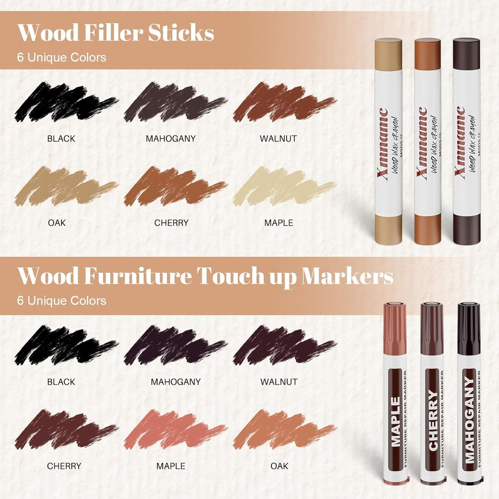 Wood Filler Sticks, 12 Colors Wood Wax Crayons Furniture Markers Touch Up for Repair Any Furniture Scratch, Scuffs, Cracks and Nail Holes on Wood Furniture, Floors, Doors, Cabinets, Tables