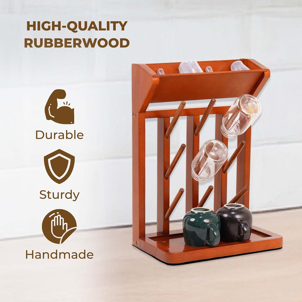 Brown Vertical Bottle Drying Rack Rubber Wood 9 Hooks, Use for Bottles, Cups, Mugs, Glasswine, Space Saving Storage Shelf Bottle Holder Dryer Kitchen