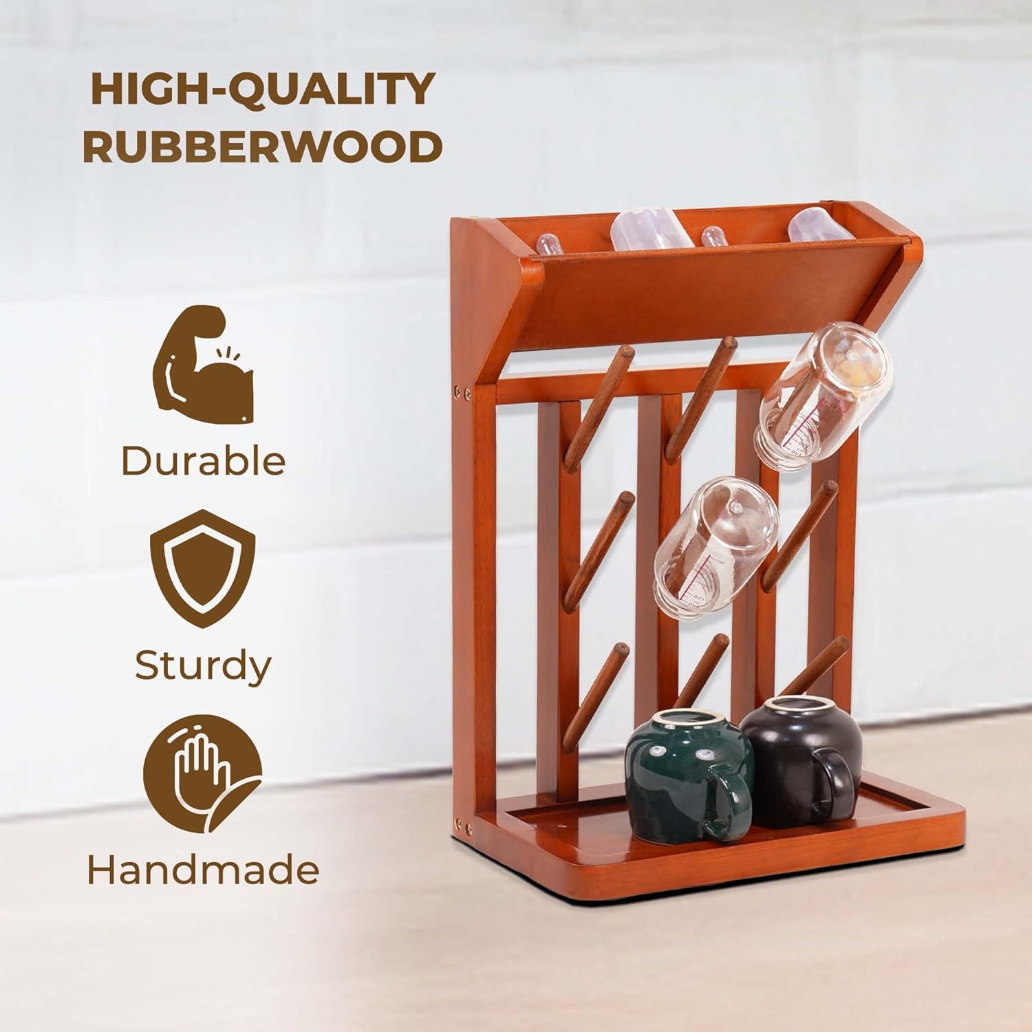 Brown Vertical Bottle Drying Rack Rubber Wood 9 Hooks, Use for Bottles, Cups, Mugs, Glasswine, Space Saving Storage Shelf Bottle Holder Dryer Kitchen