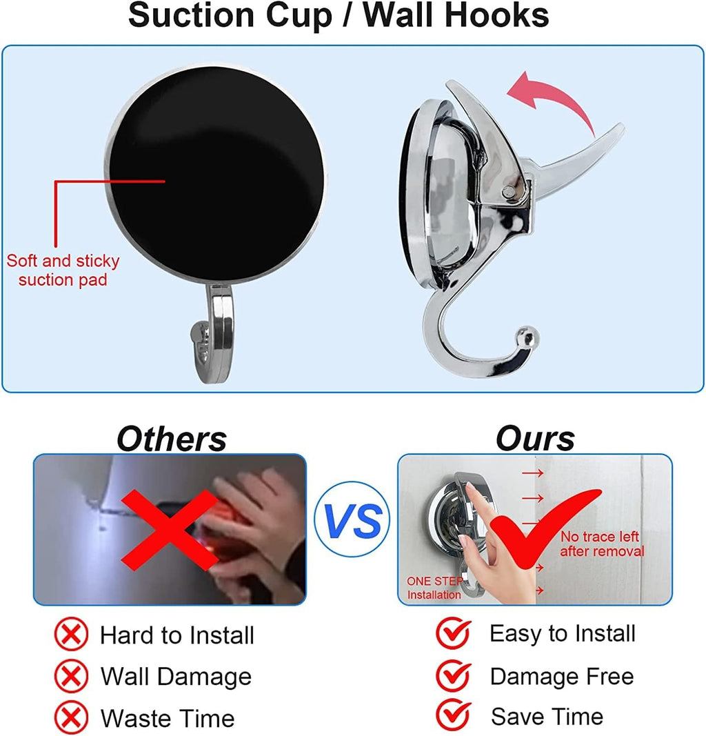 Suction Cup Hooks - Heavy Duty Glass, Reusable, No Hole Punched, for Bathroom Robe & Garland (Silver, 4 Pack)