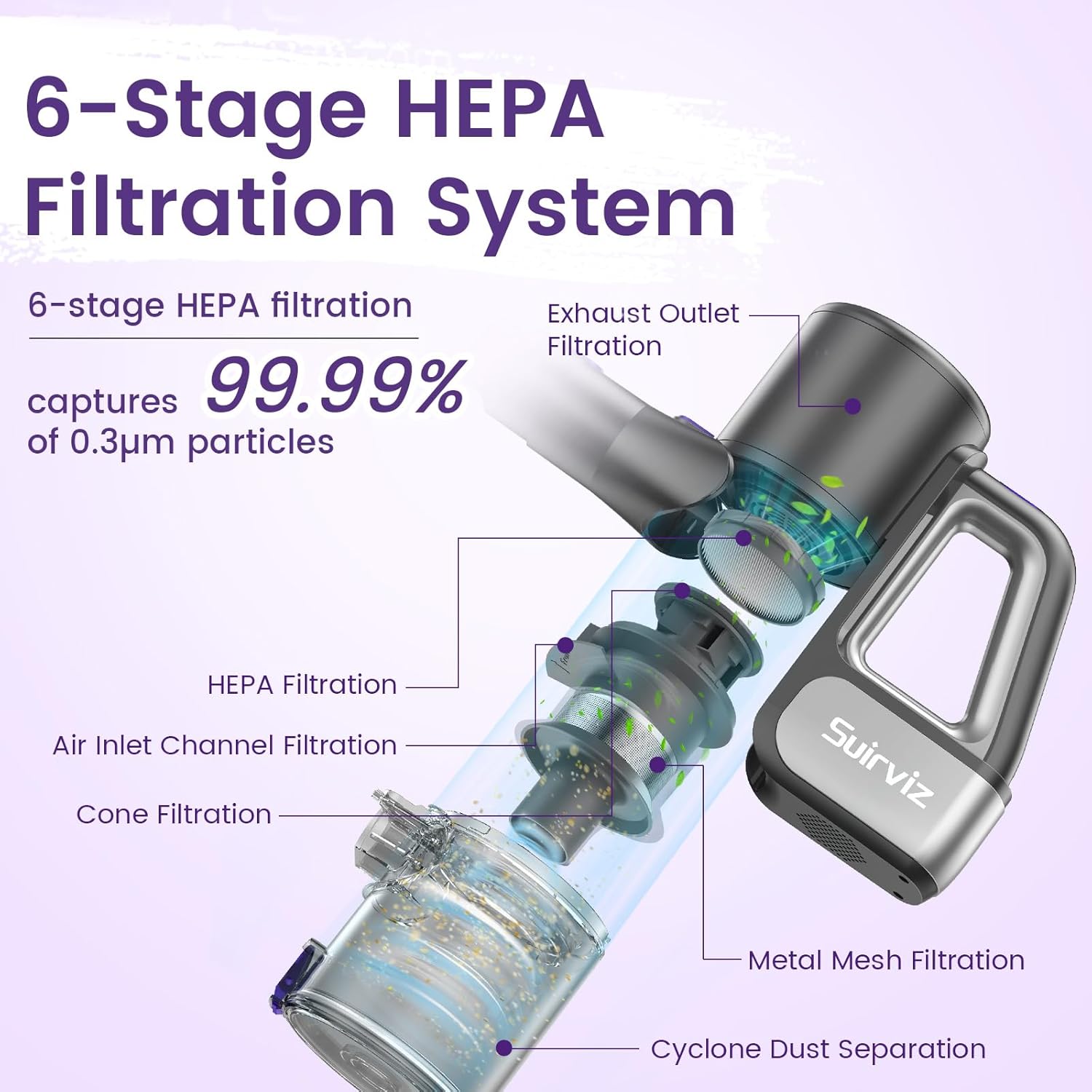 Cordless Vacuum Cleaner, 40KPA/35Mins, Green LED Light, Lightweight Stick Vacuum Self-Standing, Vacuum Cleaners for Home Handheld Vacuum for Pet Hair, Carpet, and Hard Floors, U8