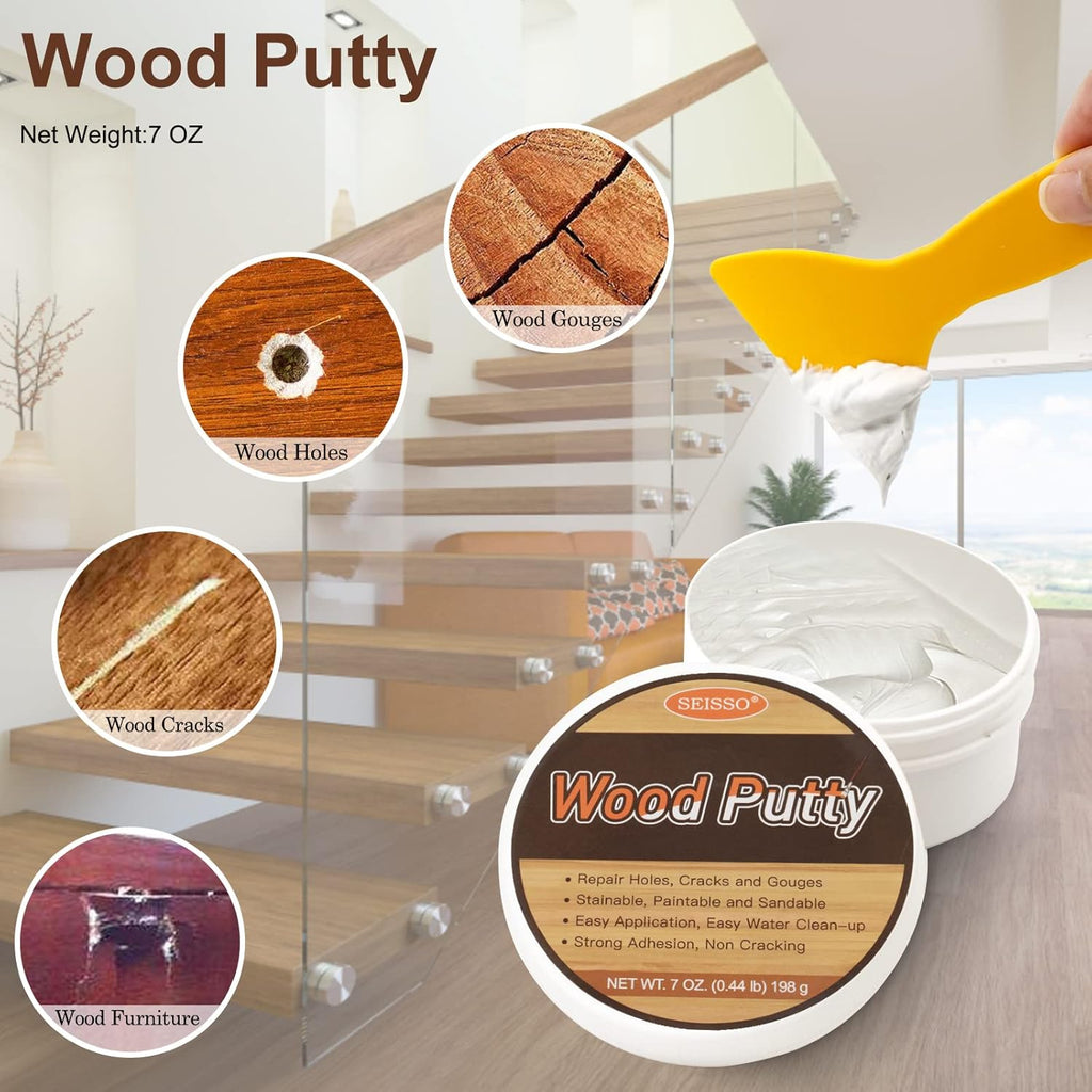 SEISSO Wood Putty, Water-Based Woods Filler, White Wooden Putty for Trim, Woods Filler Paintable, Stainable, Wooden Furniture Repair kit - Restore Wooden Table, Cabinet, Floors, Door