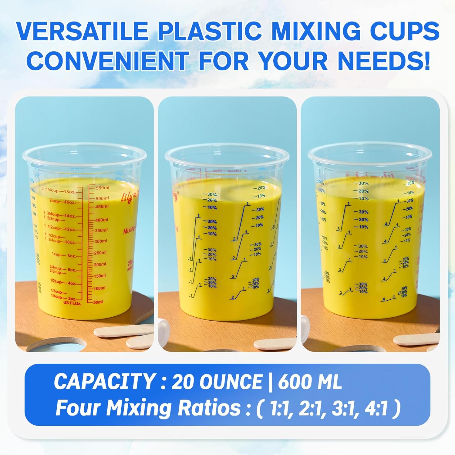 100 Pack Plastic Mixing Cups, 20 oz (600ml), Disposable Measuring Cups with 50 Wooden Mixing Sticks, Measurement ratios: 2:1, 3:1, 4:1, Suitable for Epoxy Resin, Liquid Measuring, and Paint