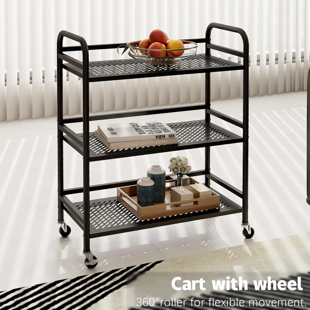 HDANI 3 Tier Metal Rolling Heavy Cart Supports 40 Lbs Per Tier,Rolling Cart with 2 Lockable Wheels for Office,Home,Bedroom,Kitchen,Bathroom(Black)…