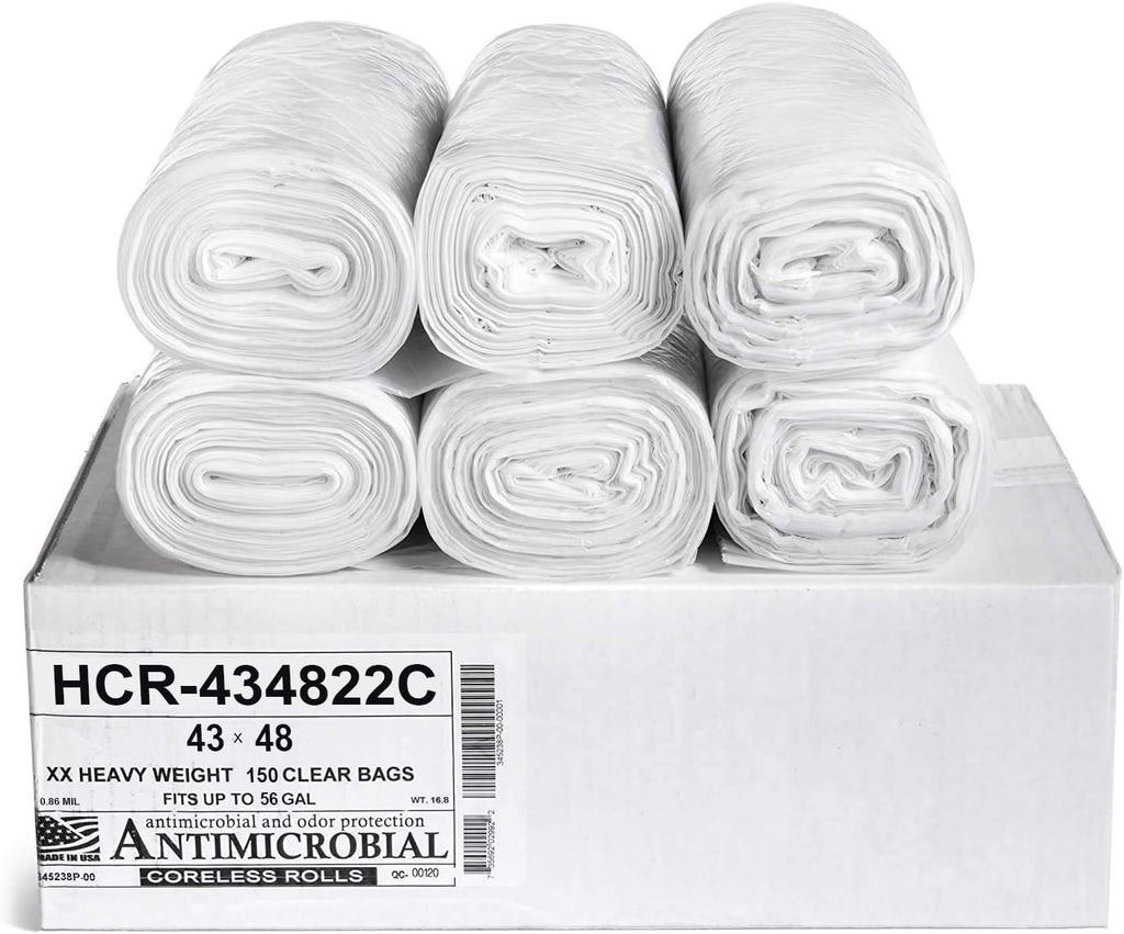 Aluf Plastics High Density Trash Bags, 56 Gallon, 150 Count, 22 Micron (eq), 43" x 48", Clear, for Bathroom, Office, Industrial, Commercial, Janitorial, Municipal, Recycling