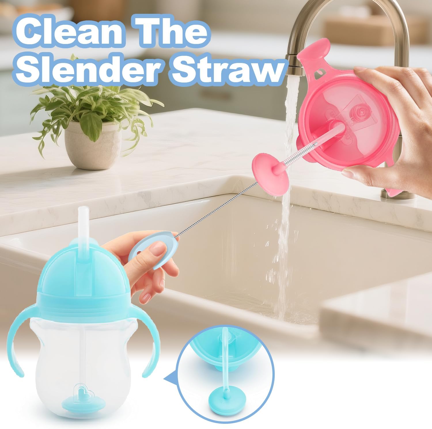 YOTIME Standing Straw Cleaner Brush Set, 4in1 Reusable Straw Brushes with Holder Ring, for Baby Bottles, Sippy Cups and Lids, Blue